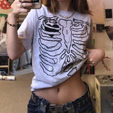 Dodobye 00s Retro Aesthetic Mall Goth Pullover Tops Skeleton Bone Graphic Print T Shirt Harajuku Short Sleeve Loose Tees Women Vintage