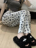 Dodobye Y2k Kawaii Cat Print Flared Pants Women Cute Dog Graphic Sweatpants Japanese Harajuku High Waist Bell Bottoms Trousers