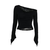 Women's Gothic Directional Design New Fall Halloween Elegant Slant Shoulder Flocking Patchwork Long Sleeve Top