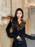 Dodobye American V-neck Leopard Print Fur Collar Cardigan Autumn Winter New Sweaters Coat Women Y2k Slim Fit Long Sleeve Tops Mujer