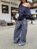 Black Friday Dodobye Navy Blue Skew Collar Sweatshirt Women Letter Print Oversized Streetwear Hoodie Wide Leg Plaid Pants Two Peice Sets Chic