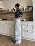 Dodobye- Y2K Blue Cargo Jeans Women Vintage Streetwear Multiple Pockets Denim Pants Oversized High Street Hip Hop Baggy Trousers