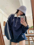 Black Friday Dodobye Striped Patchwork Hoodies Women Navy Turndown Collar Oversized Sweatshirt Sporty Chic Autumn Korean Uniform Clothes Chic