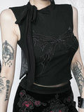 Women's Gothic Tops 2024 Summer New Diablo Style Rays Butterfly Embroidery Tie Tops Tank Top