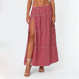 Dodobye Vintage Aesthetic Plaid Maxi Skirts for Women Y2K Elastic Waist Side Slit Tiered Skirt Summer Flowy Gingham A Line Long Skirts