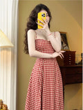 Dodobye Elegant Plaid Midi Dress Women French Vintage Spaghetti Strap A-line Spring Summer Holiday Beach Style Prom Robe Vestidos Mujer