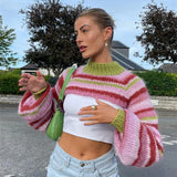 Dodobye Y2K Vintage Striped Loose Long Sleeves Pullover Crop Tops Chic Women Knitted Shrug Sweater 00s Retro Smock T-shirt Streetwear