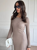 Black Friday Dodobye TARXUXY Long Sleeve Knitted Dress For Women Autumn Winter Slim Sexy Striped Sweater Long Dresses Female Elegant Party Clothes