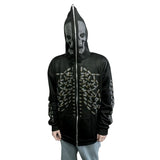 Dodobye Dark Academia Grunge Zip Up Sweatshirt Punk Style Gothic Rhinestone Skull Spider Print Hooded Autumn Coat Top Y2K Emo