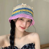 Dodobye Korean Version Sweet Hand-woven Bow Bucket Hats for Women Spring and Summer Hollow Breathable Travel Versatile Knitted Caps