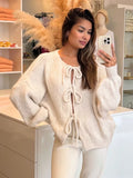 Dodobye Solid Color Hollow Out Lace Up Women's Knit Cardigan Casual Round Neck Long Sleeve Sweater Simple Basics Female Street Knitwear