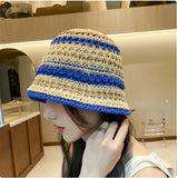 Dodobye Handmade Crochet Striped Bucket Hat For Women Hollow Knitted Cotton Panama Lovely Rainbow Fisherman Hats Summer Holiday Sun Caps