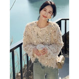 Dodobye Korean Chic Sequin Tassel Sweaters Mujer 2024 Autumn New O-neck Plush Knitted Pullover Y2k E-Girl Long Sleeve Tops Women