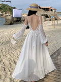 Dodobye Summer White Holiday Beach Long Dress Women Off Shoulder Backless Runway Vestidos Korean Chic A-line Sundress Clothes