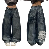 Dodobye Streetwear New Oversized Geometric Print Washed Pocket Straight High-waisted Jeans Female Y2K Fashion Harajuku Lazy Wide Pants