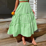 Dodobye y2k Clothes Women Vintage Maxi Skirts A Line Ruffle Plaid Print Flowy Long Skirt Losse High Waist Summer Party Clubwear Skirts