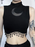 Women's Gothic Design Tops 2024 Summer New Small Vest Dark Moon Chain Small High Neck Sleeveless Tops for Women