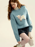 Black Friday Dodobye Blue Sheep Pattern Ribbed Sweater Bow Graphic Long Sleeve Knitwear Oversized Korean Fashion Winter Cutecore Pullovers