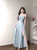 Dodobye Sexy A line Strapless Blue Slit Long Party Prom Dresses Birthday Outfits SD562