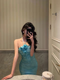 Dodobye Sexy Sheath Halter Blue Fold Long Prom Dresses Birthday Outfits SD615