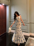 Dodobye Sexy Sheath Boat Sleeveless Blue Floral Ruffle Long Prom Dresses Birthday Outfits SD616