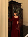 Dodobye Sexy A line Square Neckline Long Sleeves Tea Length Velvet Prom Dresses Birthday Outfits SD686