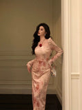 Dodobye Sexy A Line Square Neckline Long Sleeves Pink Floral Prom Dresses Birthday Outfits Evening Gown SD921