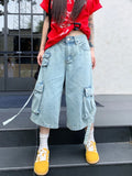 Dodobye Y2k White Calf-Length Cargo Pants Women Baggy High Wasit Denim Shorts Safari Style Summer Korean Wide Leg Jeans Female