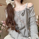 Dodobye Fashion Sweet Off Shoulder Bow Lace Up Sweaters 2024 New Slim Fit Pink Tops Women Y2k Grunge Long Sleeve Cardigan Mujer