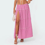 Dodobye Vintage Aesthetic Plaid Maxi Skirts for Women Y2K Elastic Waist Side Slit Tiered Skirt Summer Flowy Gingham A Line Long Skirts