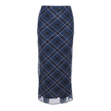 Dodobye- Y2k Plaid Long Skirt Low Waist Slim Women Streetwear Gyaru Mesh Patchwork Straight Maxi Skirt Autumn Fashion Girl