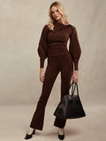 Dodobye Slim Lantern Long Sleeved Fashion Knitted Sweater Set High Waisted Burgundy Women's Pants Suits Autumn Commute Office Streetwear