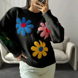 Black Friday Dodobye Crochet Flower Pullover Knitted Sweater Women's Fashion Loose Lantern Long Sleeve Embroidery Knit Top Streetwear Fashion