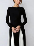 Dodobye Elegant Black White Patchwork Maxi Dresses Women Fashion O-neck Long Sleeves Slim Dress New Female Evening Party Robes