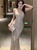 Dodobye Sexy Bodycon Sequined Evening Party Long Dresses for Women Spaghetti Strap New Summer Slim Mermaid Backless Prom Robe Vestido