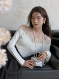 Black Friday Dodobye White Off Shoulder Knit Sweater Women Lace Transparent Mesh Long Sleeve Crop Pullovers Fairycore Aesthetics Clothes Chic