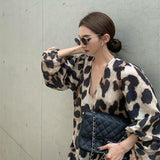 Dodobye New Summer Women's Vintage Leopard Print Long Dress Fashion V-Neck Long Sleeve Loose Dresses Sexy Temperament Ladies Clothes