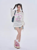 Black Friday Dodobye Anime Women Sweater Oversize Spider Web Mesh Long Sleeve Top Y2k Kawaii Rabbit Embroidery Korean Style Cutecore Clothes