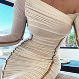 Dodobye Off The Shoulder Mesh Long Sleeve Midi Long Dress Party Prom Y2K Streetwear Elegant Evening Summer Casual Clothing