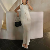 Black Friday Dodobye Summer Fashion Knitted Skirt Suit Sleeveless Vest Pocket Slit High Waist Long Skirt Elegant White Ribbed Knitwear Outfits