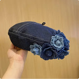 Dodobye Ladies New Denim Beret Hats Flower Cowboy Vintage Luxury Hat Women Retro Casual Painter Hat Female Trendy Spring Autumn Hat