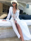 Dodobye Sexy Hollow Out White  Summer Dress Beach Tunic Women Beachwear Long Sleeve Front Open Self Belted Maxi Dresses Q964