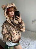 Black Friday Dodobye American Retro Funny Bear Ears Hooded Kawaii Dog Print Zip Up Sweatshirt Women Autumn Cutecore Zipper Cropped Clothes