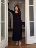 Black Friday Dodobye Retro V Neck Knitted Dress For Women 2024 Autumn Winter Rib Sweater Long Dress Elegant Bodycon Flare Sleeve Clothes Lady