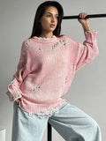 Dodobye Versatile Pink Hollow Out Women's Knitted Pullover Casual O-neck Long Sleeve Sweater Lady Early Autumn Chic Commute Streetwear