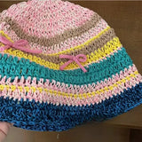 Dodobye Korean Version Sweet Hand-woven Bow Bucket Hats for Women Spring and Summer Hollow Breathable Travel Versatile Knitted Caps