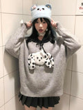 Black Friday Dodobye Kawaii Dog Graphic Hooded Sweater Women Patchwork Grey Ribbed Knitwear Korean Fashion Autumn Oversized Winter Clothes