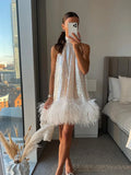 Dodobye Elegant White Sequins Feather Hem Mini Dress Women Sexy Off Shoulder Loose Halter Dresses 2024 New Shiny Female Party Vestidos