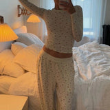 Dodobye Women Loungewear Comfy Sleepwear Outfits 2 Piece Pajama Set Long Sleeve Crop Tops T-shirt and Elastic Wide Leg Pants Nightwear