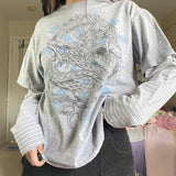 Dodobye Y2K Harajuku Grunge Pullovers Top Retro Dragon Graphic Print T-shirt Dark Academia Gothic Patchwork Long Sleeve Tees Vintage